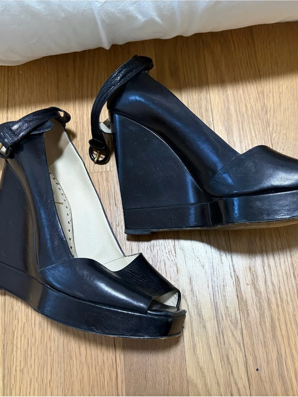 Yves Saint Laurent Black Leather Peep-Toe Ankle-Strap Wedges